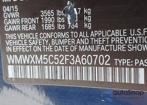 2015 Mini Hardtop Cooper из США, поврежденный, VIN WMWXM5C52F3A60702